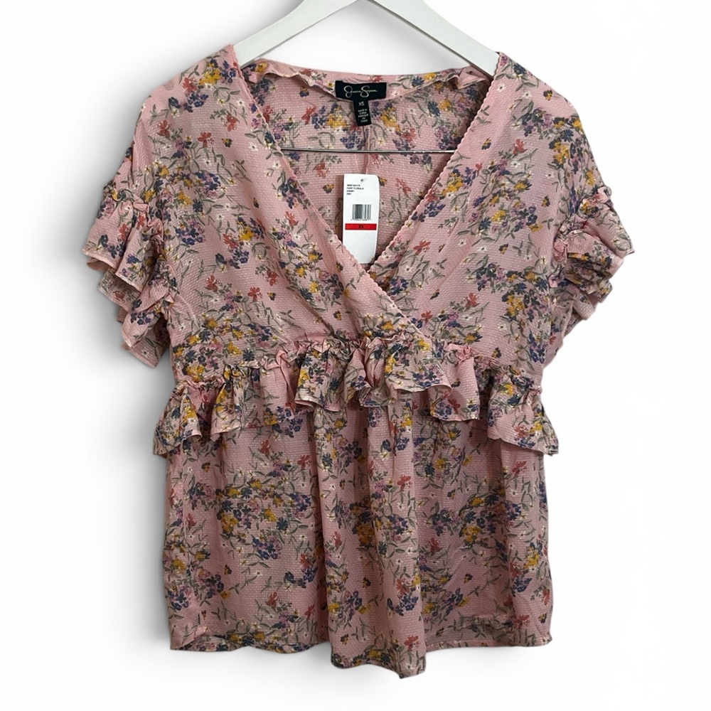 Jessica Simpson Dusty Pink Floral Ruffle Wrap Blouse